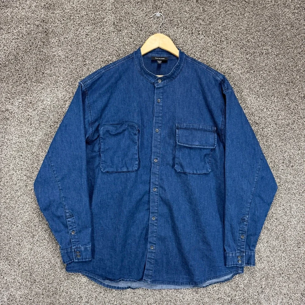 True Religion Denim Shirt Mens 2XL Blue Western Band Collar Pockets Long Sleeve